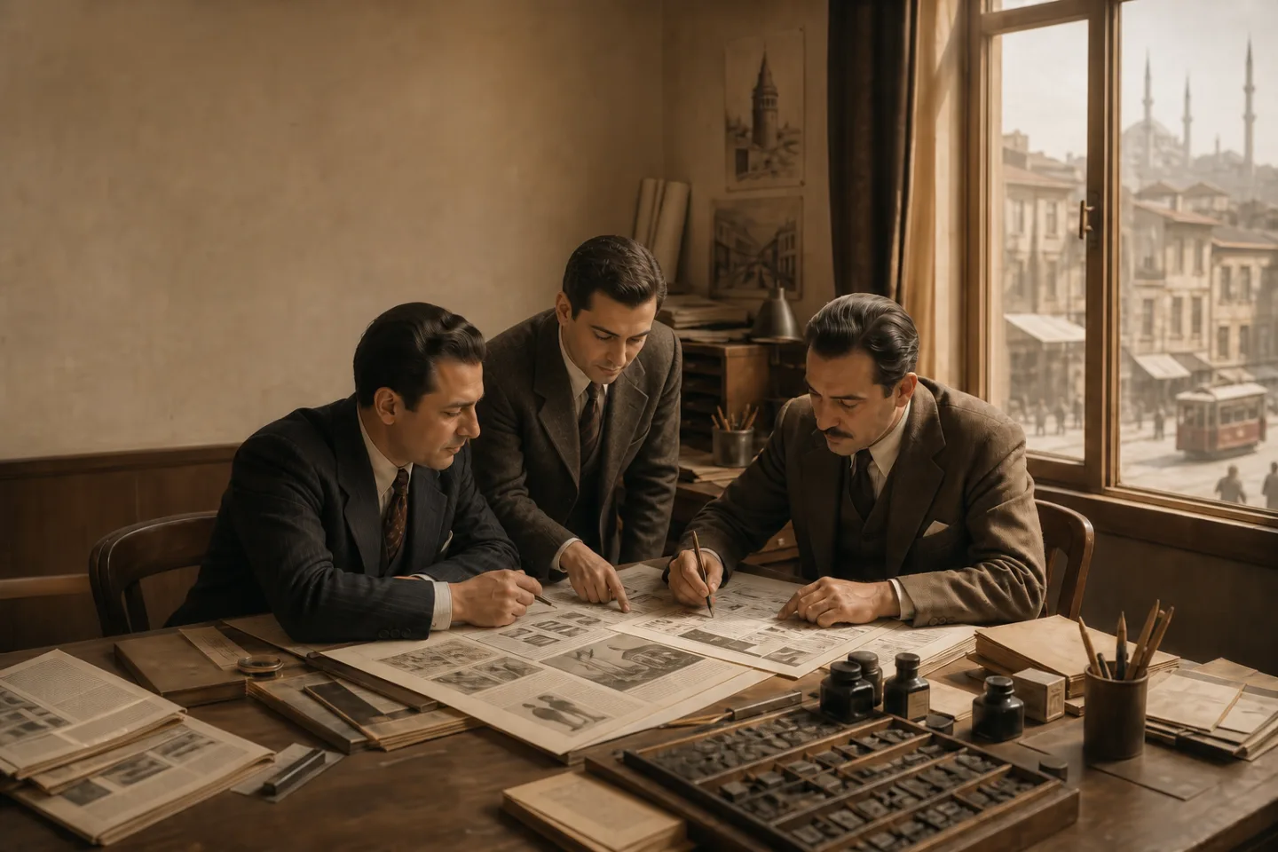 1944 İstanbul'unda Faal Reklam Acentesi çalışmalarını temsil eden reklam ofisi illüstrasyonu