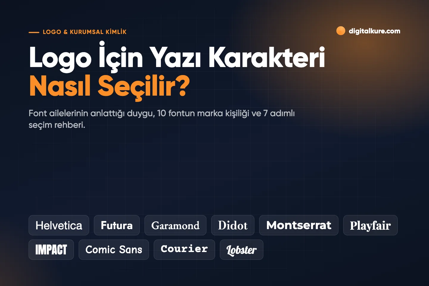 Logo için yazı karakteri seçimi: Helvetica, Futura, Garamond, Didot, Montserrat, Playfair, Impact, Comic Sans, Courier ve Lobster örnekleri
