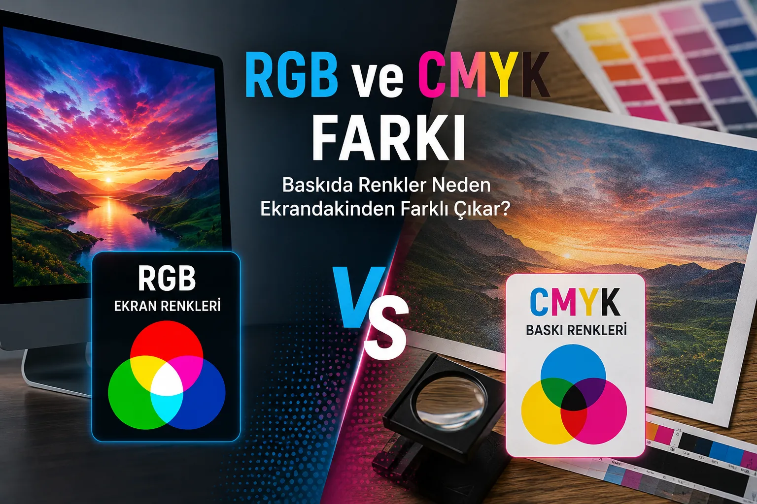 RGB ve CMYK farkı — ekran ve baskı renkleri karşılaştırması